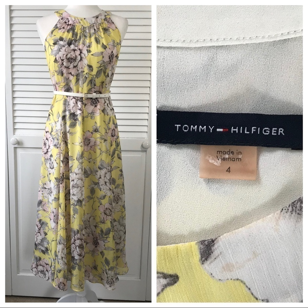 Price is firm TOMMY HILFIGER Yellow Floral Print Belted Midi Dress Size 4 - Picture 9 of 9